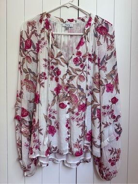 Fate Floral Button-Front Peasant Blouse (M, pink & white)
